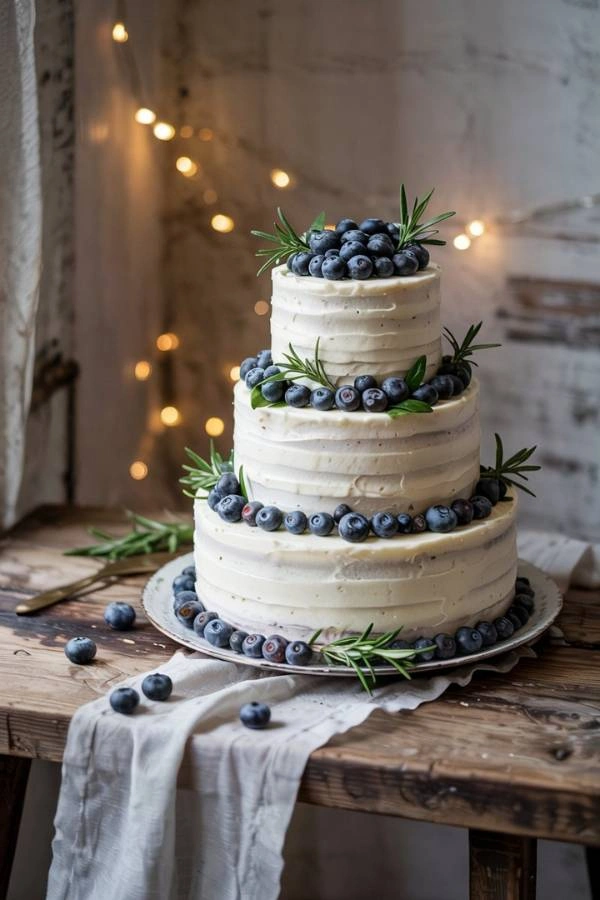 Γαμήλια τούρτα με βατόμουρα και rustic λεπτομέρειες σε ξύλινο τραπέζι