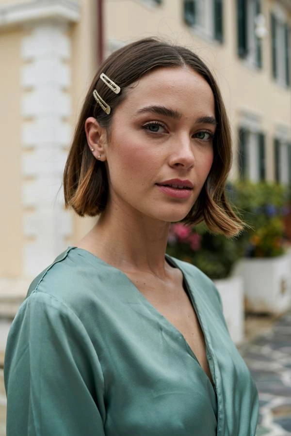 Κομψό κοντό καρέ χτένισμα για καλεσμένη σε γάμο με ελαφριές μπούκλες στις άκρες και διακοσμητικά χρυσά τσιμπιδάκια με γράμματα. Η γυναίκα έχει καστανά μαλλιά με ξανθές ανταύγειες και φοράει ένα πράσινο σατέν φόρεμα. Ποζάρει σε εξωτερικό χώρο με ένα κτίριο με μπεζ τοίχους και σκούρα παράθυρα στο φόντο.