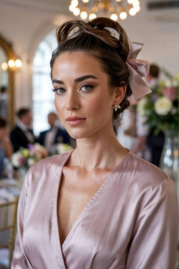 Επίσημο πιάσιμο με όγκο και κορδέλα για καλεσμένη με κοντά μαλλιά σε γάμο. Η γυναίκα έχει καστανά μαλλιά πιασμένα ψηλά με μια ροζ κορδέλα στο πλάι. Φοράει ένα ροζ σατέν φόρεμα και κομψά σκουλαρίκια. Βρίσκεται σε έναν εσωτερικό χώρο με κόσμο και λουλούδια στο φόντο.