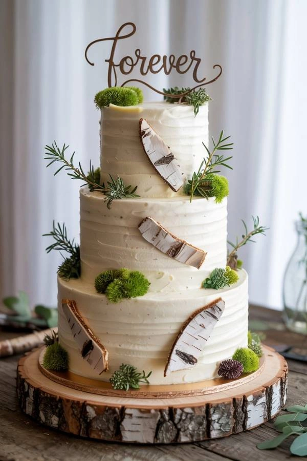 Τούρτα γάμου εμπνευσμένη από άγρια φύση, moss deco και ξύλινες λεπτομέρειες.