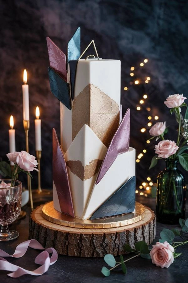 Πρωτότυπή Τούρτα γάμου σε σχήμα κύβου, με μεταλλικά χρώματα, σε φόντο dark glamour.