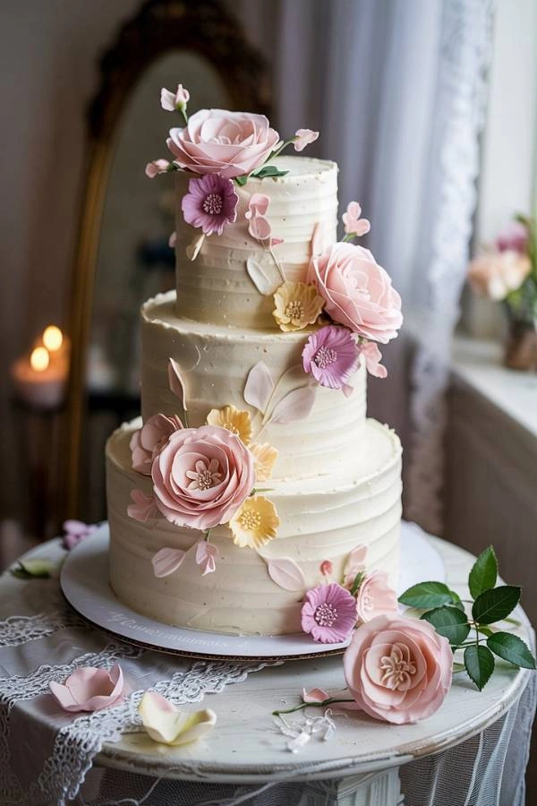 Τούρτα γάμου με λουλούδια σε pastel χρώματα και λευκό vintage τραπέζι
