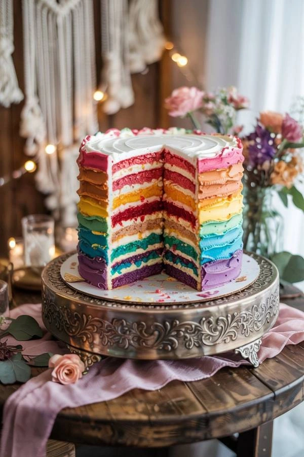 Τούρτα γάμου ουράνιο τόξο σε rustic boho φόντο