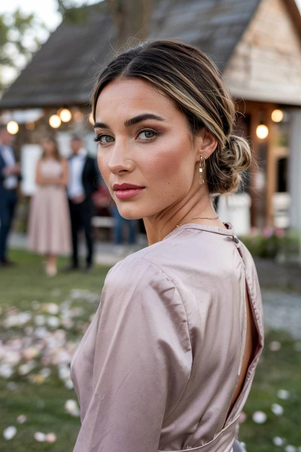 Χαμηλός σικ κότσος με ελεύθερες τούφες για καλεσμένη με κοντά μαλλιά σε γάμο. Η γυναίκα έχει καστανά μαλλιά με ξανθές ανταύγειες πιασμένα χαμηλά στον αυχένα. Φοράει ένα ροζ σατέν φόρεμα με ανοιχτή πλάτη και διακριτικά σκουλαρίκια. Βρίσκεται σε εξωτερικό χώρο με ένα ξύλινο κτίριο και καλεσμένους γάμου στο θολό φόντο. Πέταλα λουλουδιών είναι διασκορπισμένα στο έδαφος.