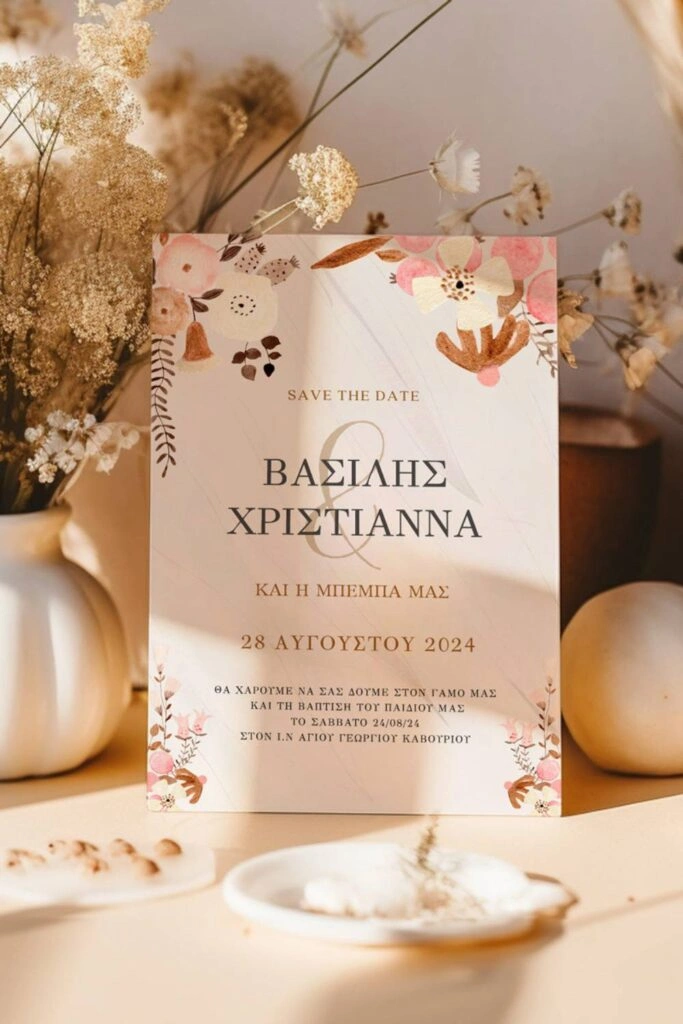 Vintage Προσκλητήριο γάμου & βάπτισης με λουολούδια σε ροζ χρώμα