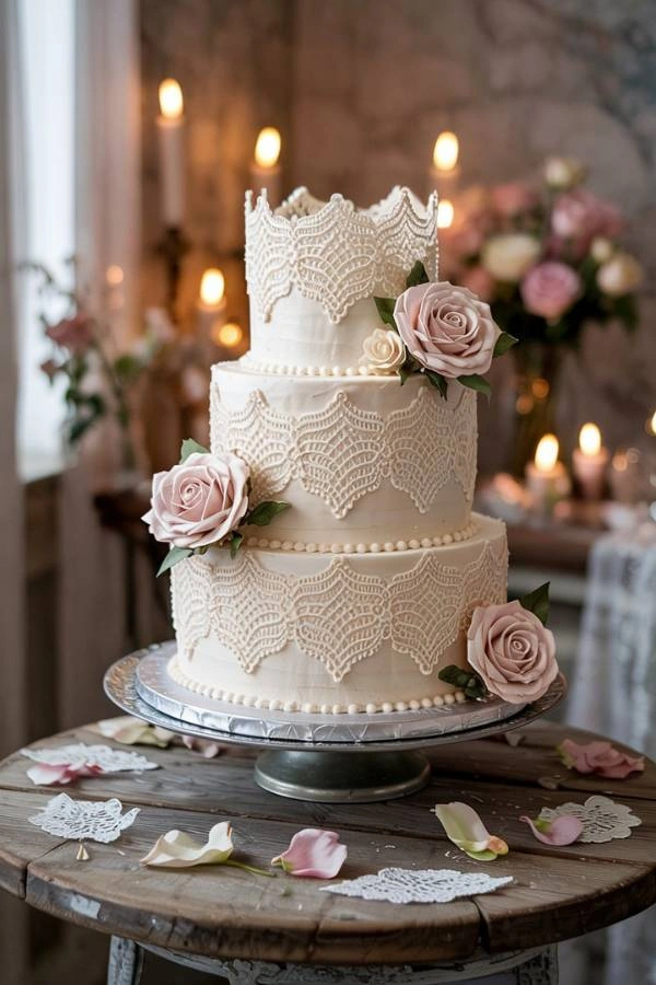 Vintage τούρτα γάμου με δαντελωτά μοτίβα από ζαχαρόπαστα
