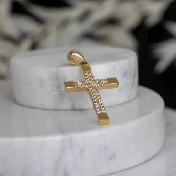 Χρυσός γυναικείος σταυρός για αρραβώνα διπλής όψης Κ14 με λευκές πέτρες