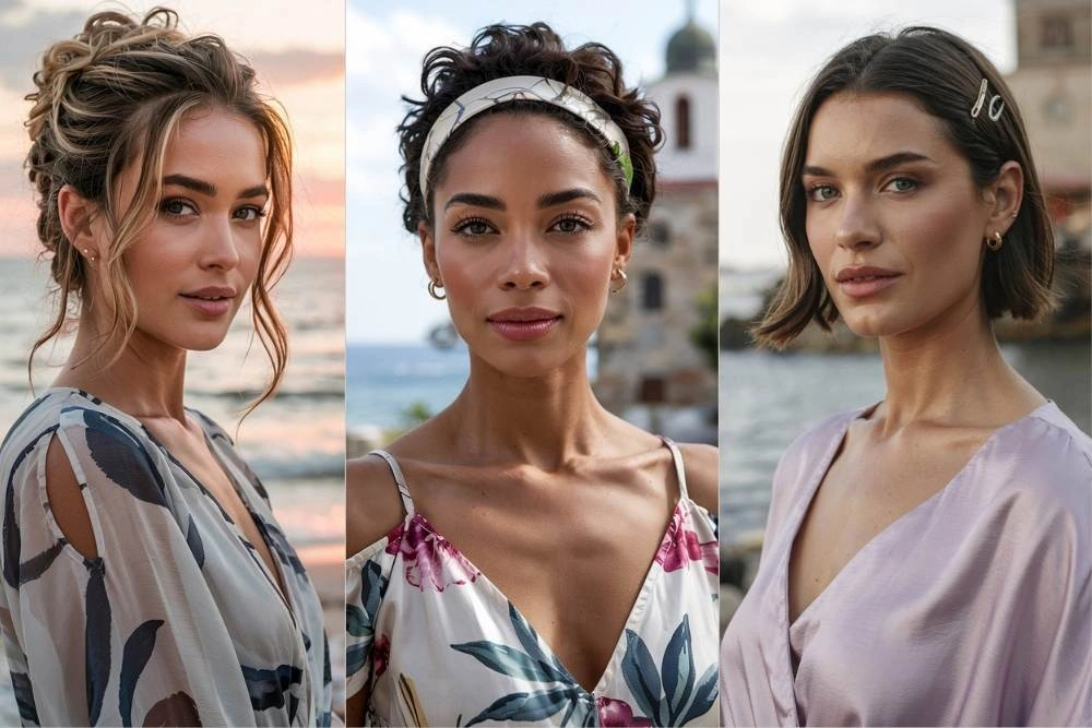 Συλλογή από τρία κομψά χτενίσματα για καλεσμένες με κοντά μαλλιά σε γάμο. Περιλαμβάνει ένα περίτεχνο πιάσιμο με όγκο, ένα σγουρό καρέ με αξεσουάρ στέκα και ένα sleek κυματιστό καρέ με διακοσμητικά τσιμπιδάκια.