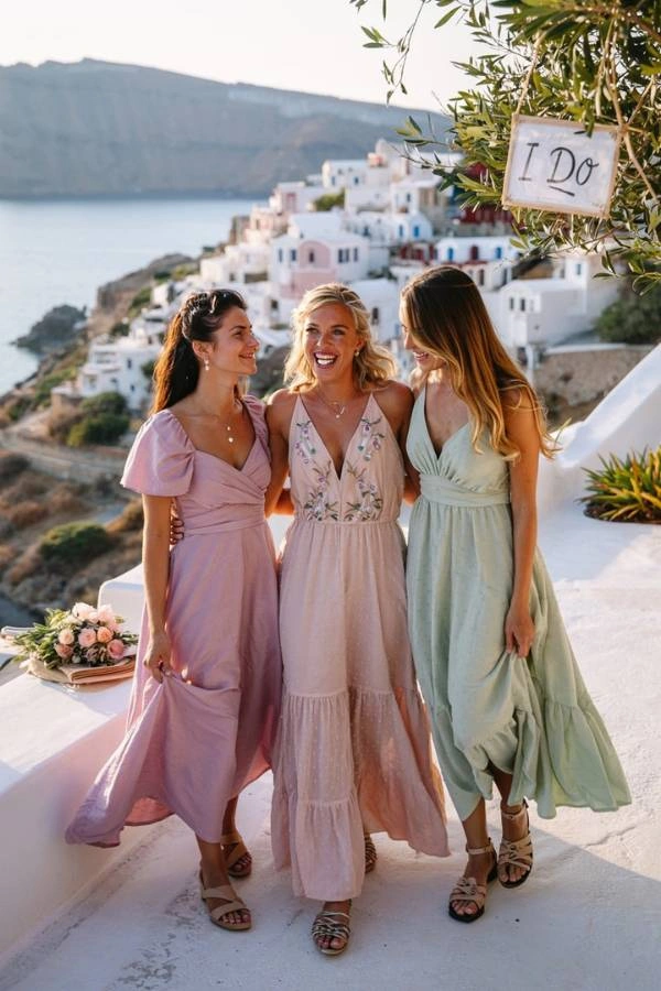 Τρεις χαρούμενες καλεσμένες με αέρινα φορέματα σε ροζ, μπεζ και πράσινη απόχρωση ποζάρουν με θέα ένα παραδοσιακό ελληνικό νησιώτικο χωριό, ιδανικό στυλ για γάμο σε νησί.