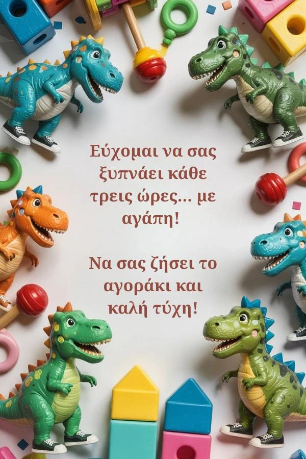 Ευχετήρια κάρτα για νεογέννητο αγοράκι με παιχνίδια δεινόσαυρους και τουβλάκια. Το κείμενο της κάρτας γράφει: Εύχομαι να σας ξυπνάει κάθε τρεις ώρες... με αγάπη! Να σας ζήσει το αγοράκι και καλή τύχη!