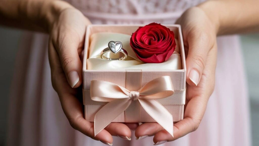 Δώρο επετείου για γυναίκα: κουτί δώρου με κόκκινο τριαντάφυλλο και δαχτυλίδι σε σχήμα καρδιάς