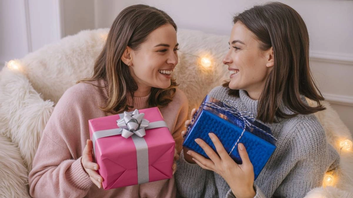 Δύο κολλητές φίλες στα 30 τους ανταλλάσσουν δώρα και γελούν σε ζεστό, φιλικό περιβάλλον με απαλά φώτα και cozy διακόσμηση.