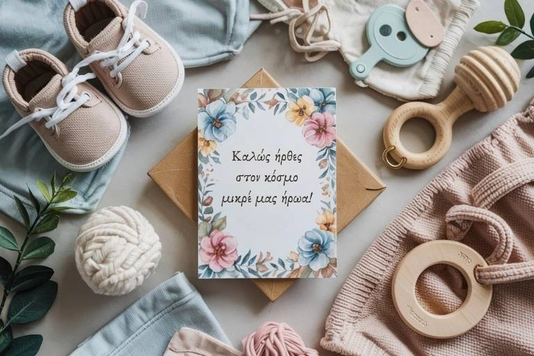 Ευχές για νεογέννητο. Ευχετήρια κάρτα για νεογέννητο με παπουτσάκια, κουδουνίστρα, οδοντοφυΐα και άλλα βρεφικά είδη σε απαλούς, φυσικούς τόνους.