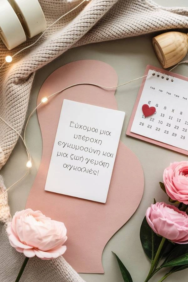 Ευχετήρια κάρτα σε σχήμα εγκυμονούσας κοιλιάς με ροζ τριαντάφυλλα και διακόσμηση. Το κείμενο της κάρτας γράφει: Εύχομαι μια υπέροχη εγκυμοσύνη και μια ζωή γεμάτη αγκαλιές!