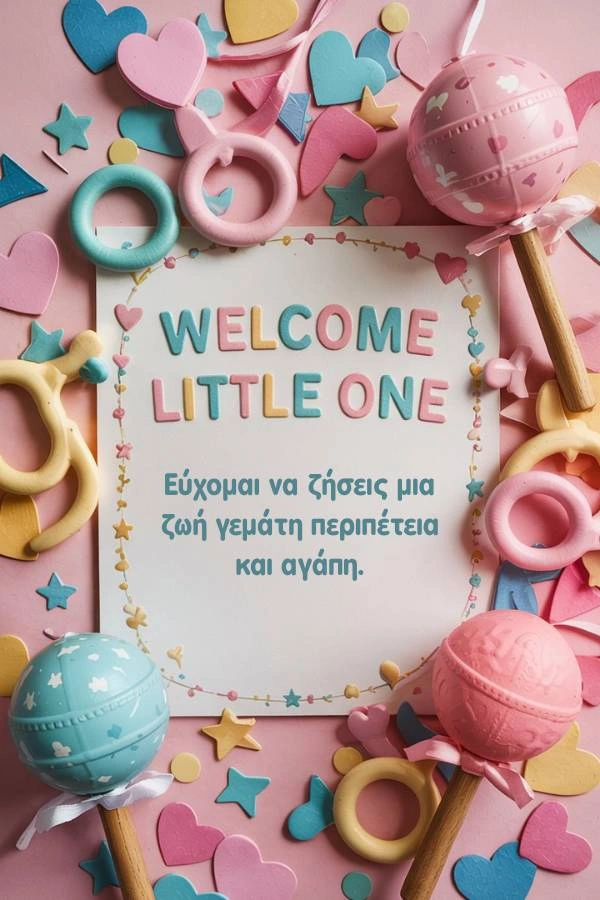 Ευχετήρια κάρτα για νεογέννητο με πολύχρωμα παιχνίδια, καρδιές και αστέρια σε παστέλ αποχρώσεις. Περιέχει το κείμενο 'WELCOME LITTLE ONE' και την ευχή: Εύχομαι να ζήσεις μια ζωή γεμάτη περιπέτεια και αγάπη.