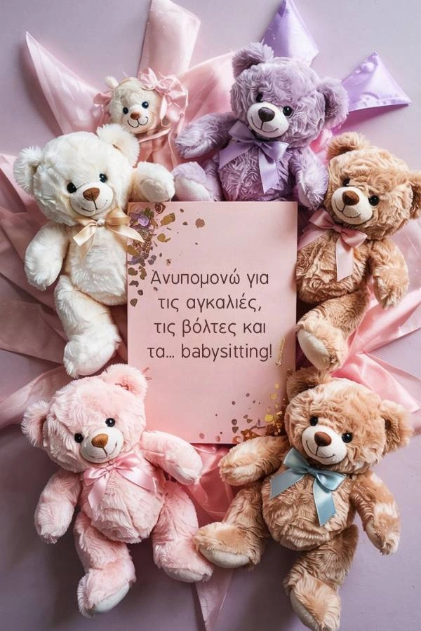 Ευχετήρια κάρτα για νεογέννητο με αρκουδάκια αγκαλιάς σε παστέλ αποχρώσεις. Το κείμενο της κάρτας γράφει: Ανυπομονώ για τις αγκαλιές, τις βόλτες και τα... babysitting!