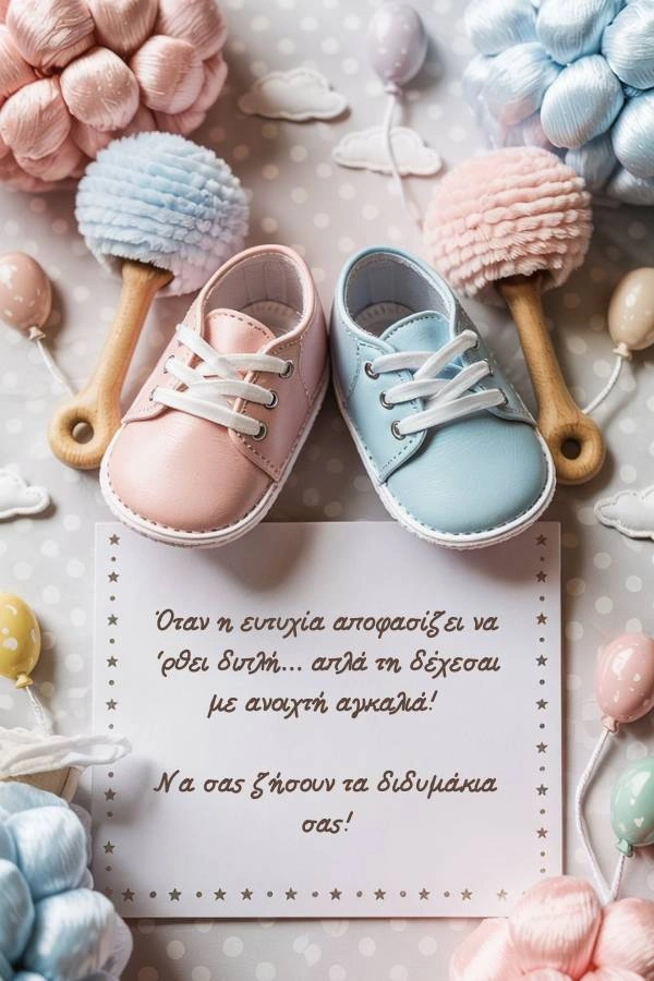 Ευχετήρια κάρτα για νεογέννητα δίδυμα με ένα ροζ και ένα γαλάζιο παπουτσάκι μωρού, κουδουνίστρες και μπαλόνια. Το κείμενο γράφει: Όταν η ευτυχία αποφασίζει να 'ρθει διπλή... απλά τη δέχεσαι με ανοιχτή αγκαλιά! Να σας ζήσουν τα διδυμάκια σας!