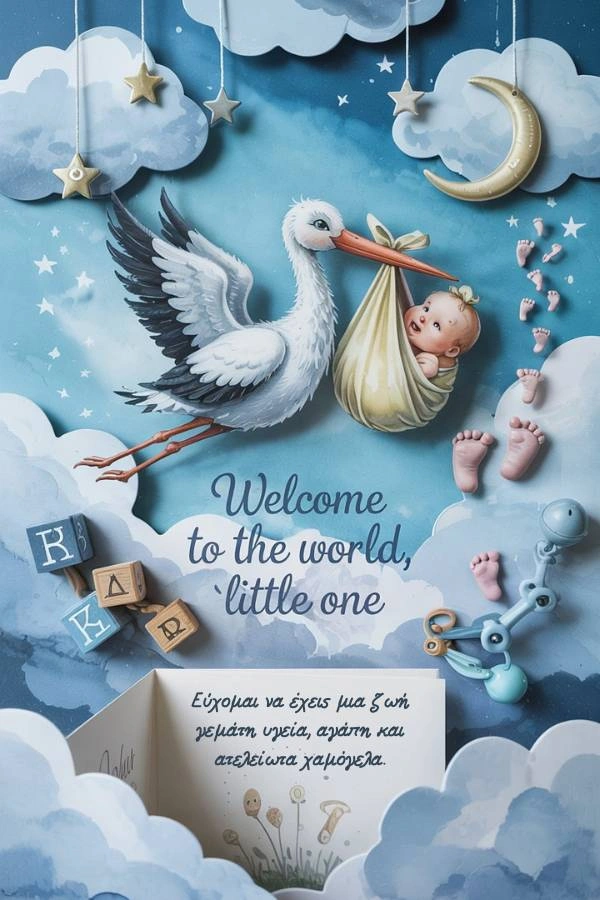 Εικονογραφημένη ευχετήρια κάρτα για νεογέννητο με πελαργό που μεταφέρει μωρό στον ουρανό με σύννεφα, αστέρια και φεγγάρι, αποτυπώματα ποδιών μωρού και παιχνίδια.