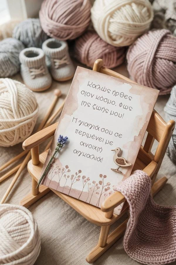 Ευχετήρια κάρτα για νεογέννητο από τη γιαγιά, με μάλλινα νήματα, βελόνες πλεξίματος, πλεκτά παπουτσάκια μωρού και μια μικρή κουνιστή πολυθρόνα.
