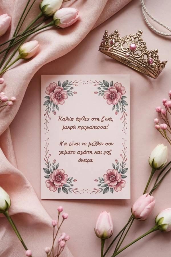 Ευχετήρια κάρτα για νεογέννητο κορίτσι με ροζ τουλίπες, μια μικρή κορώνα και floral σχέδια. Το κείμενο της κάρτας γράφει: Καλώς ήρθες στη ζωή, μικρή πριγκίπισσα! Να είναι το μέλλον σου γεμάτο αγάπη και ροζ όνειρα.
