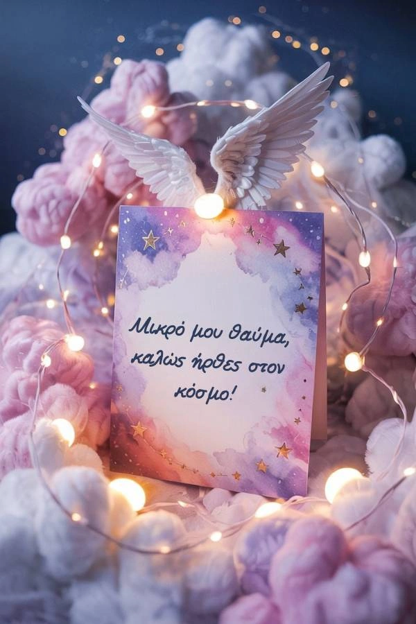 Ευχετήρια κάρτα για νεογέννητο με αφράτο ροζ και λευκό υλικό, φωτάκια, αγγελικά φτερά και κάρτα με φόντο ουρανού με αστεράκια. Το κείμενο γράφει: Μικρό μου θαύμα, καλώς ήρθες στον κόσμο!