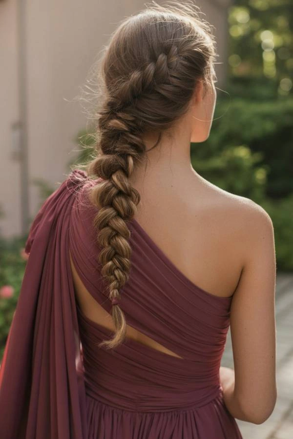 Πίσω όψη ενός κομψού χτενίσματος κουμπάρας: Πλαϊνή πλεξούδα που πέφτει στον ώμο, αναδεικνύοντας το σχέδιο της πλέξης.