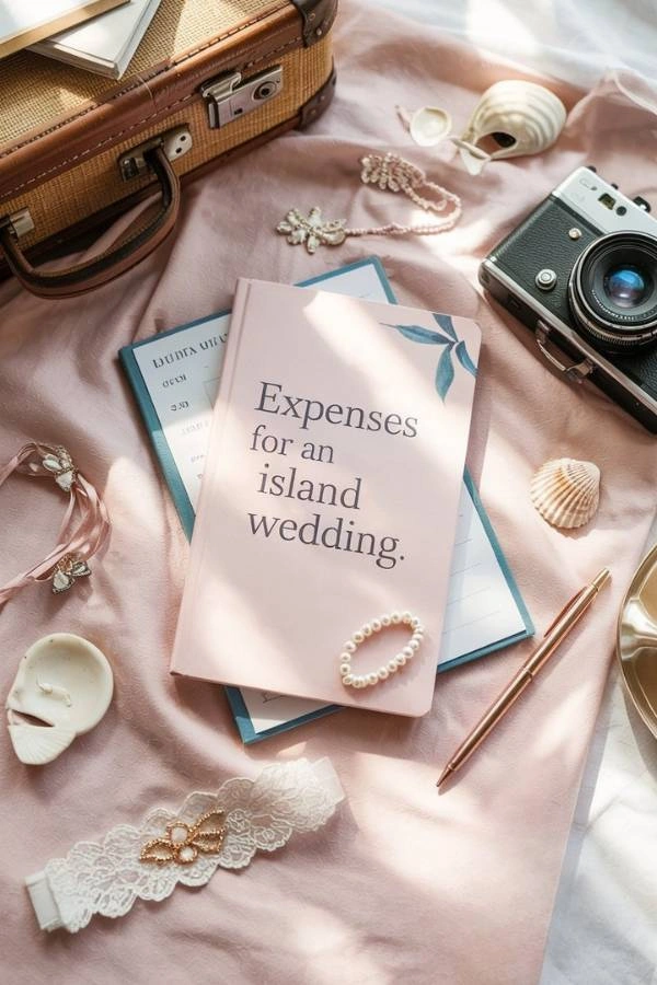 Ένα σημειωματάριο με τίτλο "Expenses for an island wedding" περιτριγυρισμένο από νυφικά αξεσουάρ όπως καλτσοδέτα, πέρλες, κοχύλι, στυλό και μια vintage φωτογραφική μηχανή, συμβολίζοντας τα έξοδα ενός γάμου σε νησί.