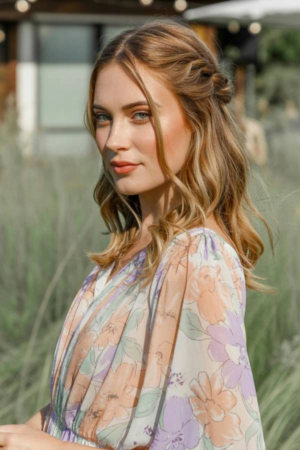 Κουμπάρα με φλοράλ φόρεμα και Half-up twisted waves