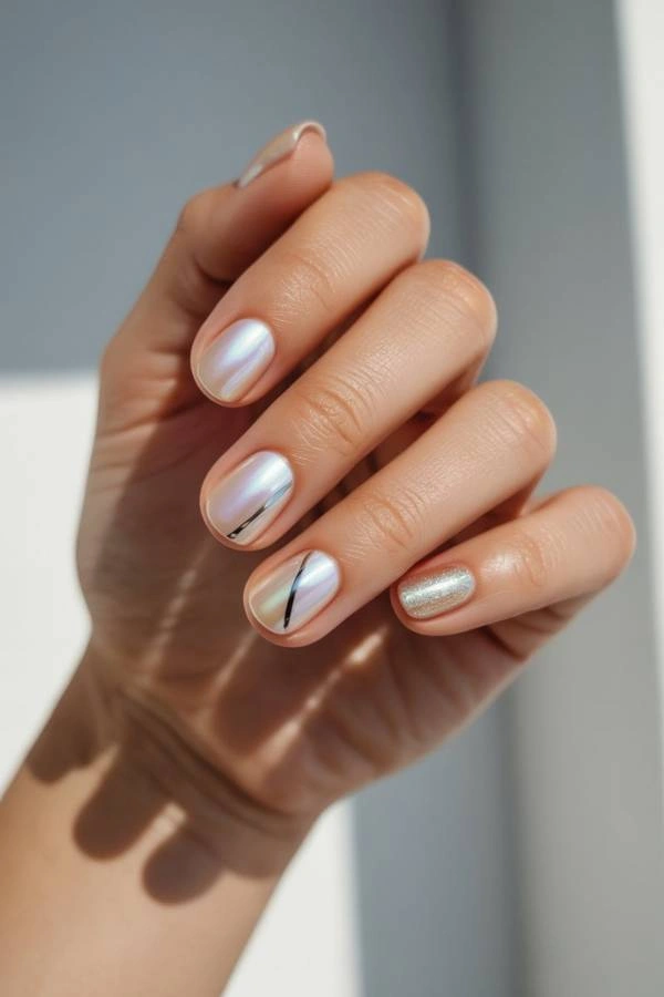 Γυναικεία χέρια με ημιμόνιμο μανικιούρ σε ιριδίζουσα απόχρωση (mermaid chrome) με διακριτικά μαύρα γεωμετρικά σχέδια και ένα νύχι με glitter, μια μοντέρνα τάση για το καλοκαίρι 2025.