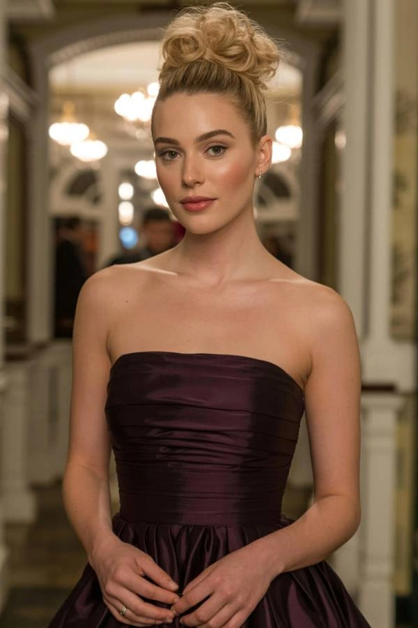 Ψηλός κότσος με όγκο και χαλαρή υφή, ιδανικός για κουμπάρα με στράπλες φόρεμα.