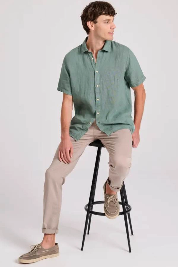 Funky Buddha Κοντομάνικο Λινό Πουκάμισο Forest Green