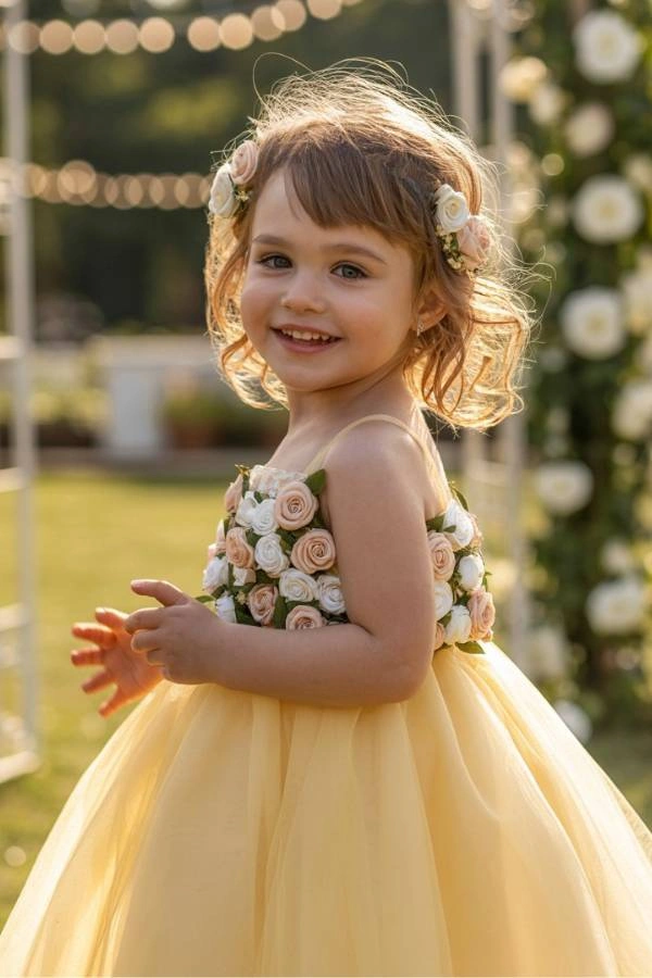 Μικρή κουμπάρα με χαλαρές μπούκλες και στεφάνι από λουλούδια, σε παραμυθένια διάθεση.