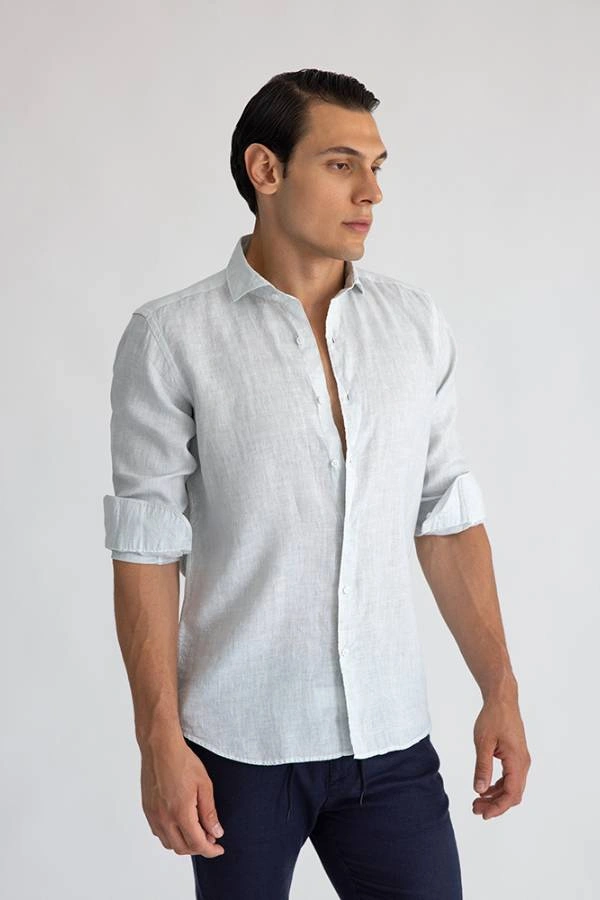 Prince Oliver Λινό Πουκάμισο Modern Fit Γκρι