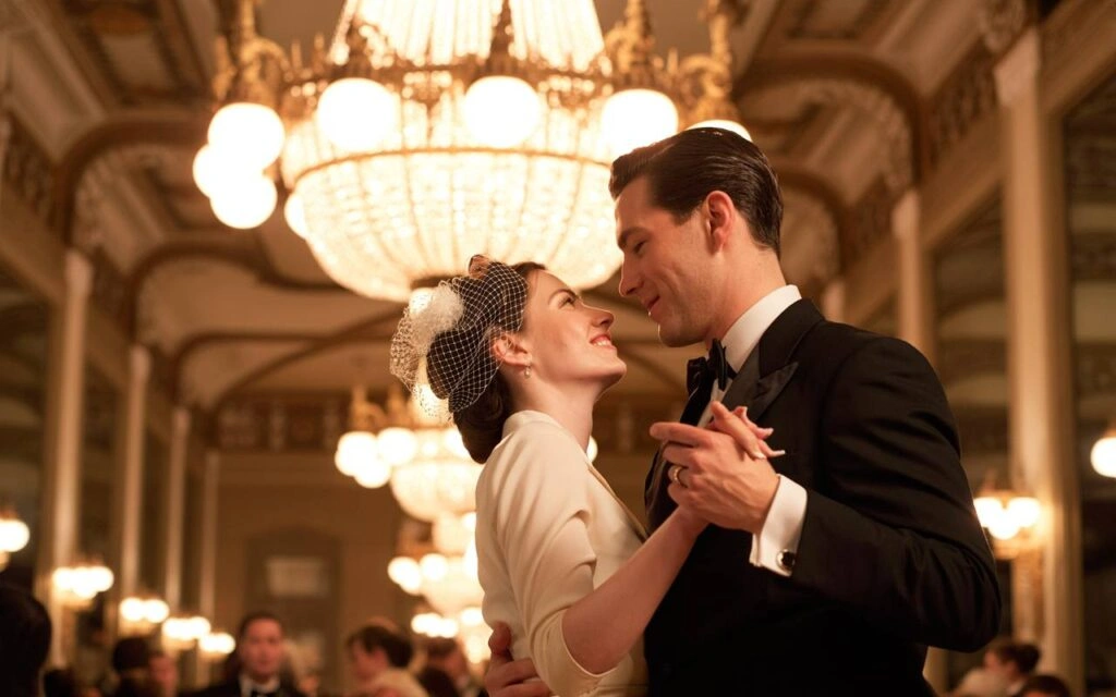 Ένας άντρας και μια γυναίκα με επίσημη ενδυμασία χορεύουν σε μια πολυτελή αίθουσα χορού με μεγάλους πολυελαίους. Κοιτάζονται χαμογελαστοί.