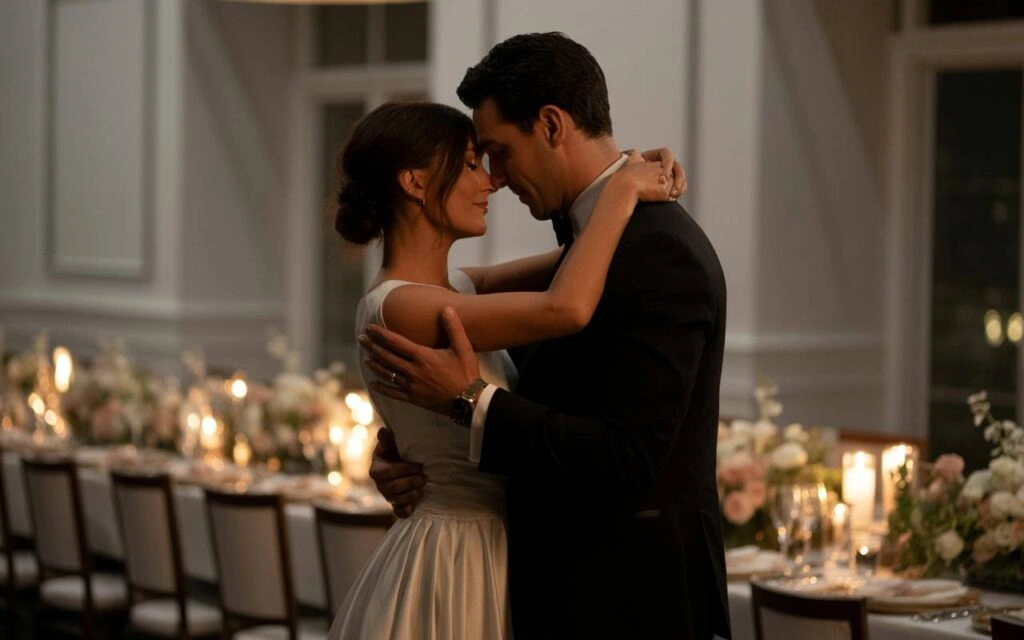 Ένα ζευγάρι χορεύει αγκαλιασμένο. Η γυναίκα φοράει λευκό φόρεμα και ο άντρας μαύρο σμόκιν. Στο φόντο διακρίνονται τραπέζια στρωμένα με κεριά και λουλούδια.