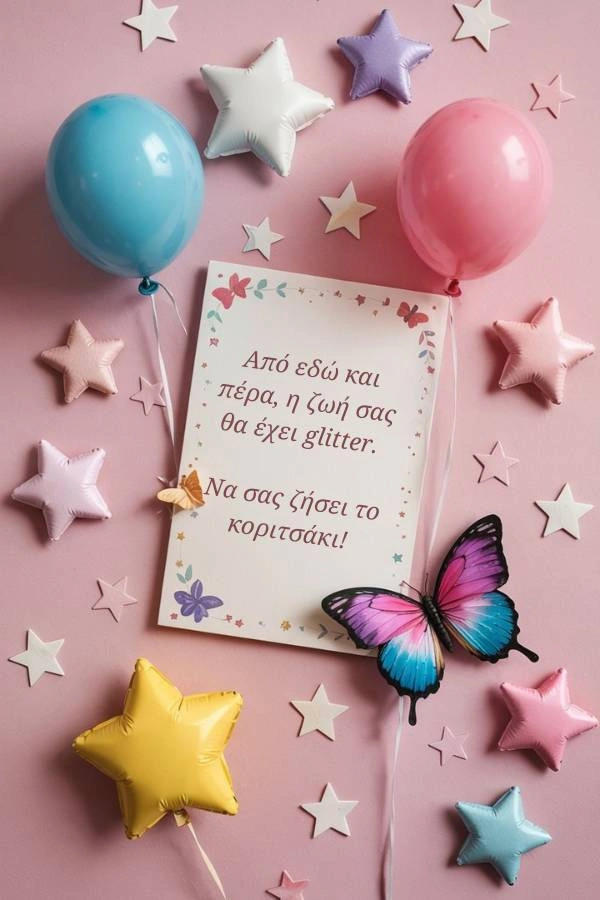 Ευχετήρια κάρτα για νεογέννητο κορίτσι με ροζ και γαλάζια μπαλόνια, αστεράκια και μια πολύχρωμη πεταλούδα. Το κείμενο της κάρτας γράφει: Από εδώ και πέρα, η ζωή σας θα έχει glitter. Να σας ζήσει το κοριτσάκι!