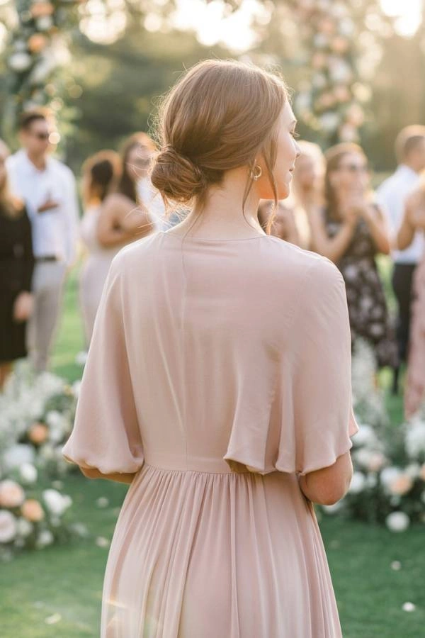 Ρομαντικό χτένισμα με χαμηλό κότσο και ανέμελες τούφες, ιδανικό για boho κουμπάρα. Πίσω μέρος