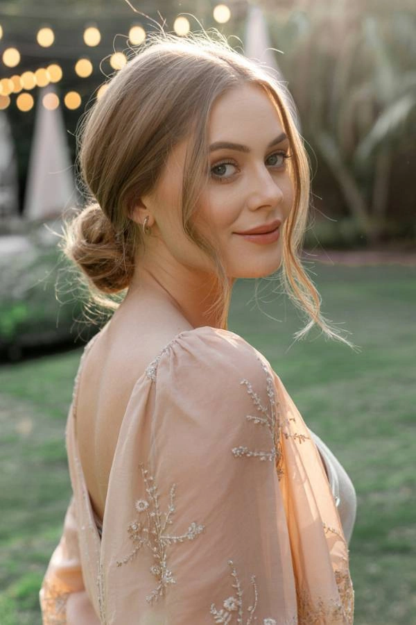 Ρομαντικό χτένισμα με χαμηλό κότσο και ανέμελες τούφες, ιδανικό για boho κουμπάρα.