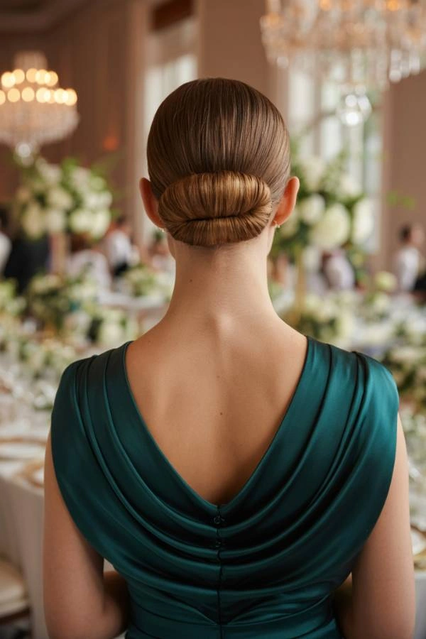 Κομψή κουμπάρα με χαμηλό sleek κότσο και σατέν φόρεμα, σε καλοκαιρινό γάμο.. Πίσω μέρος