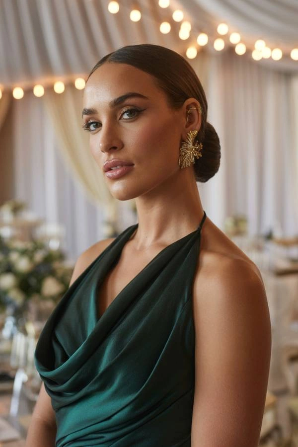 Κομψή κουμπάρα με χαμηλό sleek κότσο και σατέν φόρεμα, σε καλοκαιρινό γάμο.