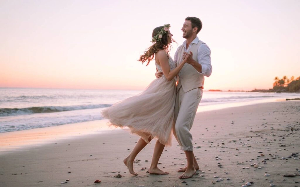 Ένα ζευγάρι χορεύει ξυπόλητο στην άμμο, στην παραλία, κατά τη διάρκεια του ηλιοβασιλέματος. Η γυναίκα φοράει ένα ανοιχτόχρωμο φόρεμα και στεφάνι με λουλούδια στα μαλλιά, και ο άντρας ανοιχτόχρωμα ρούχα.