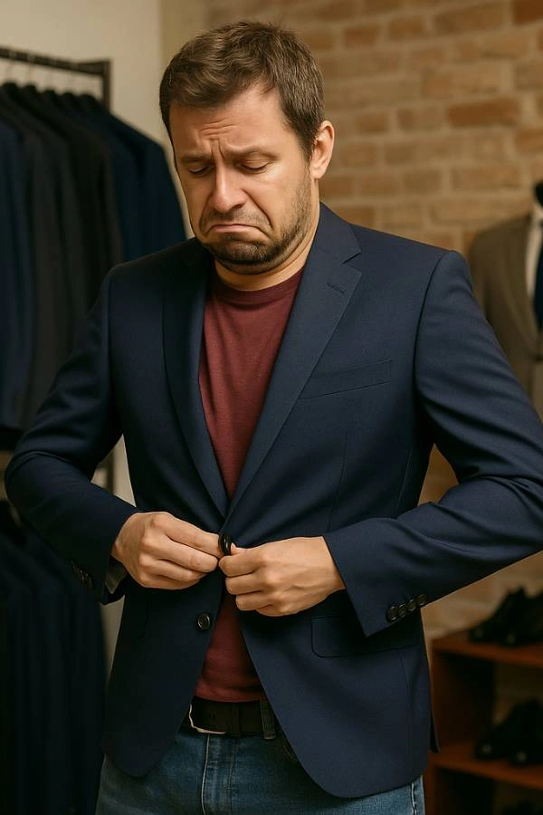 Άνδρας με απογοητευμένη έκφραση δοκιμάζει επίσημο κοστούμι για τον γάμο του μέσα σε κατάστημα με ανδρικά ρούχα.