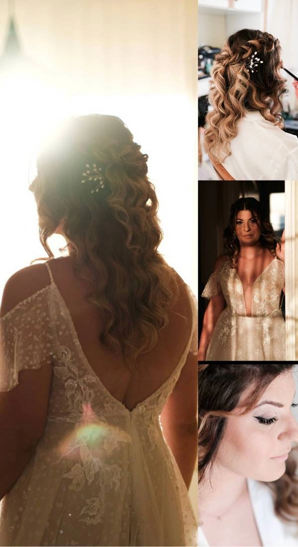 Νύφη με boho κυματιστό χτένισμα και πλεξούδα, δαντελένιο νυφικό με ανοιχτή πλάτη και διακριτικό bridal μακιγιάζ – Beauty’s by Christina Matosi