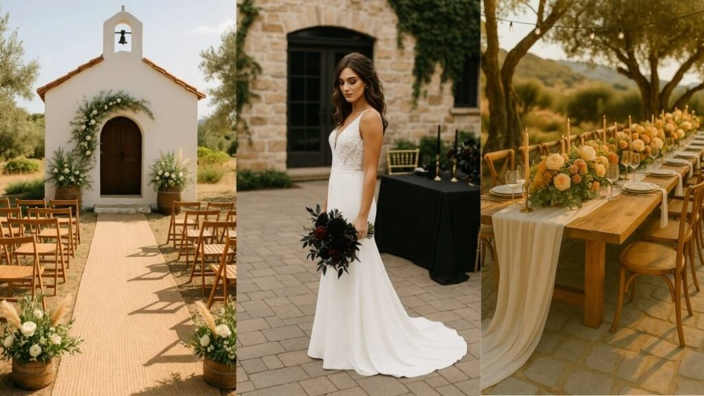 Κολλάζ με νύφη σε elegant νυφικό, στολισμό εξωτερικής εκκλησίας και ρουστίκ τραπέζι δεξίωσης με λουλούδια και κεριά