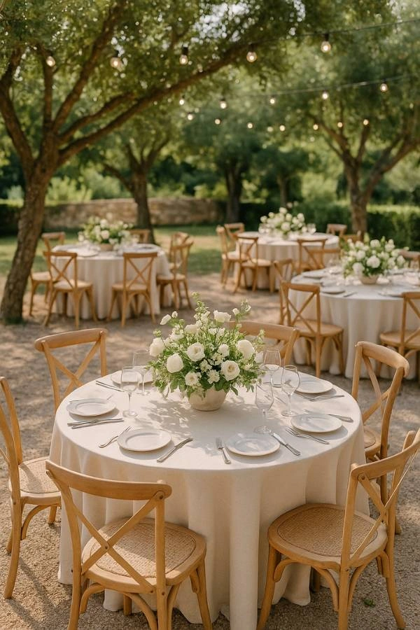 Υπαίθριο τραπέζι δεξίωσης γάμου με λευκά λινά, ξύλινες καρέκλες και λουλούδια σε φυσικούς τόνους σε πράσινο περιβάλλον