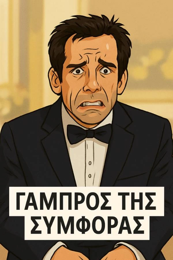 Καρικατούρα γαμπρού με αγχωμένη έκφραση, εμπνευσμένη από τον Ben Stiller στην ταινία «Γαμπρός της Συμφοράς».