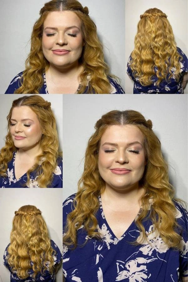 Χτένισμα half-up με πλεξουδάκι και φυσικά κυματιστά μαλλιά σε χρυσό ξανθό, σε συνδυασμό με soft glam νυφικό μακιγιάζ – Beauty’s by Christina Matosi