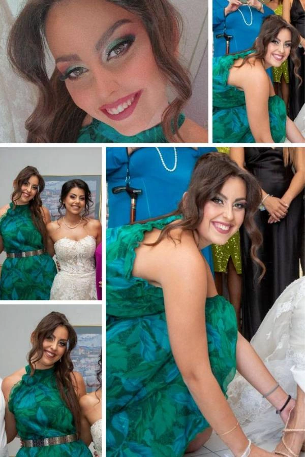 Καλεσμένη γάμου με έντονο πράσινο-μπλε φόρεμα, μακιγιάζ με πράσινη shimmer σκιά και γεμάτα χείλη – Beauty’s by Christina Matosi