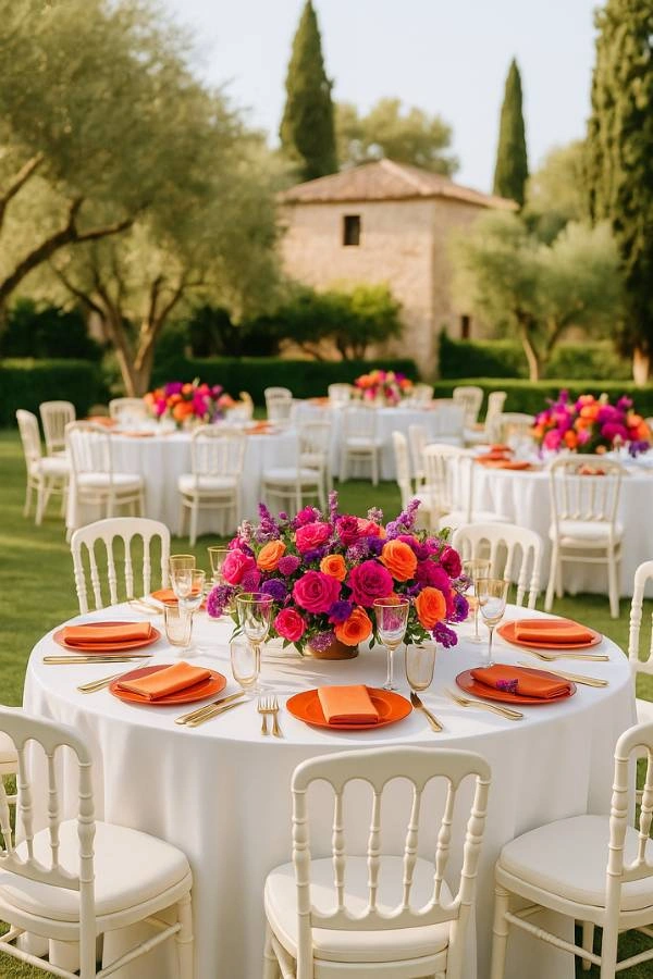 Τραπέζια γάμου με ροτόντες, έντονα λουλούδια σε φούξια και πορτοκαλί, και λευκές καρέκλες τύπου Chiavari σε καταπράσινο κτήμα