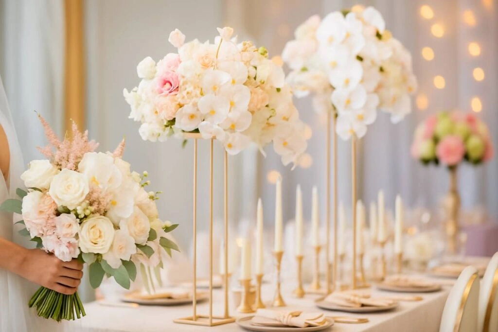 Λουλούδια για γάμο σε λευκές και ροζ αποχρώσεις σε elegant σύνθεση τραπεζιού δεξίωσης